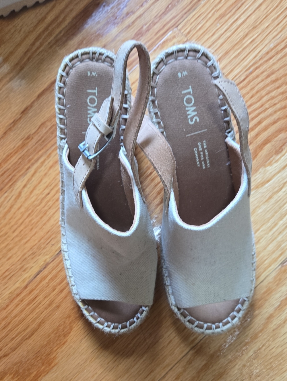 TOMS Beige Canvas Slingback Espadrille Wedges